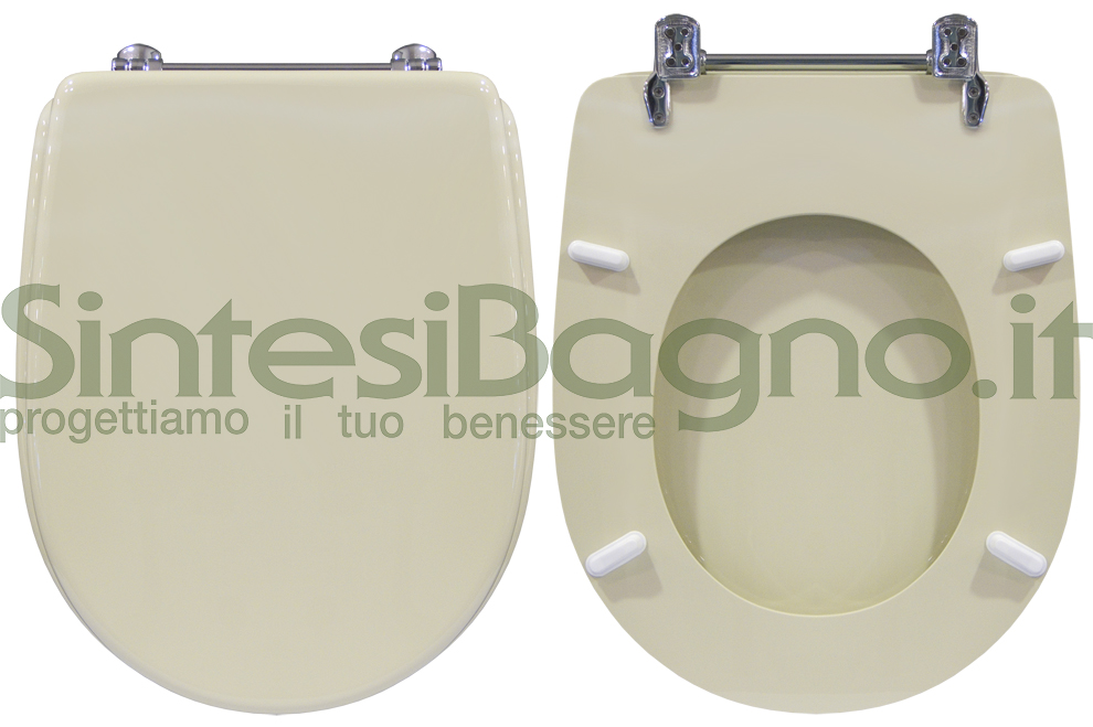 Copriwater > DEDICATO > Per vaso CESAME > Modello ARETUSA > Colore AMBRA/CHAMPAGNE > Sedile wc in legno lavorato rivestito in resina di poliestere > Cerniere ottone cromato
