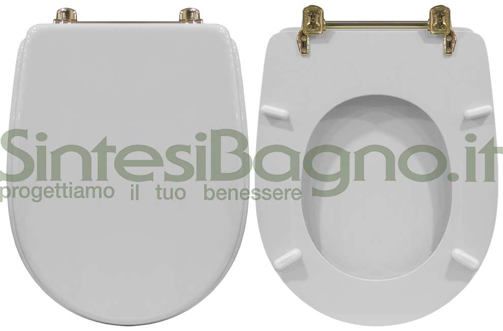 Copriwater > DEDICATO > Per vaso CESAME > Modello ARETUSA > Colore BIANCO > Sedile wc in legno lavorato rivestito in resina di poliestere > Cerniere in Ottone Dorato