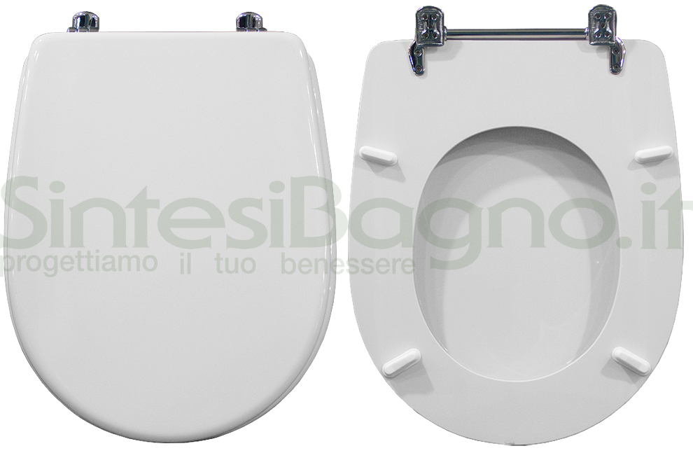 Copriwater > DEDICATO > Per vaso CESAME > Modello ARETUSA > Colore BIANCO > Sedile wc in legno lavorato rivestito in resina di poliestere > Cerniere ottone cromato