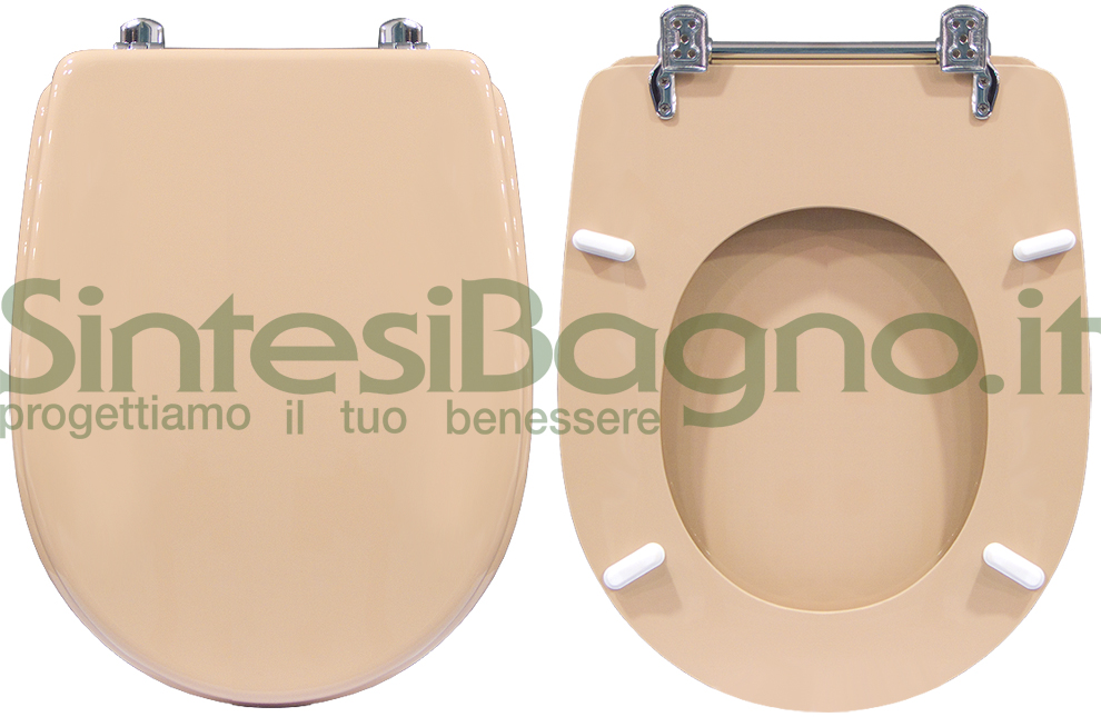 Copriwater > DEDICATO > Per vaso CESAME > Modello ARETUSA > Colore DAINO > Sedile wc in legno lavorato rivestito in resina di poliestere > Cerniere ottone cromato