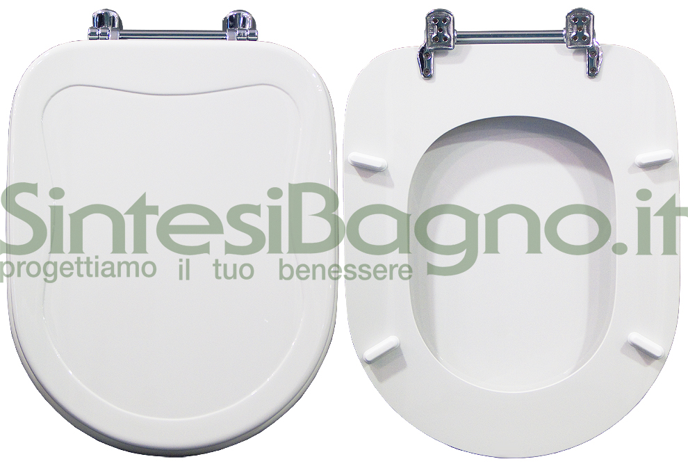 Copriwater > DEDICATO > Per vaso CESAME > Modello BELLA EPOQUE > Colore BIANCO > Sedile wc in legno lavorato rivestito in resina di poliestere > Cerniere ottone cromato