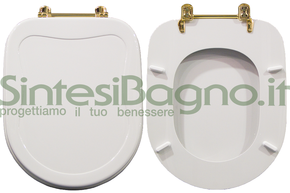 Copriwater > DEDICATO > Per vaso CESAME > Modello BELLA EPOQUE > Colore BIANCO > Sedile wc in legno lavorato rivestito in resina di poliestere > Cerniere in Ottone Dorato