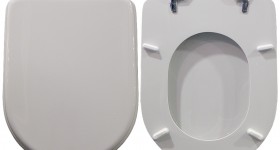Copriwater > DEDICATO > Per vaso CESAME > Modello SINTESI > Colore BIANCO > Sedile wc in legno lavorato rivestito in resina di poliestere > Cerniere ottone cromato