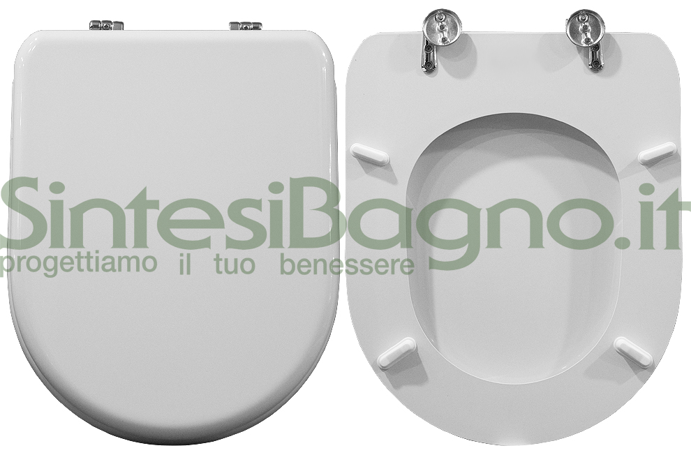 Copriwater > DEDICATO > CESAME > Modello SINTESI > Colore > BIANCO > Sedile wc in legno lavorato rivestito in resina di poliestere > Cerniere ottone cromato