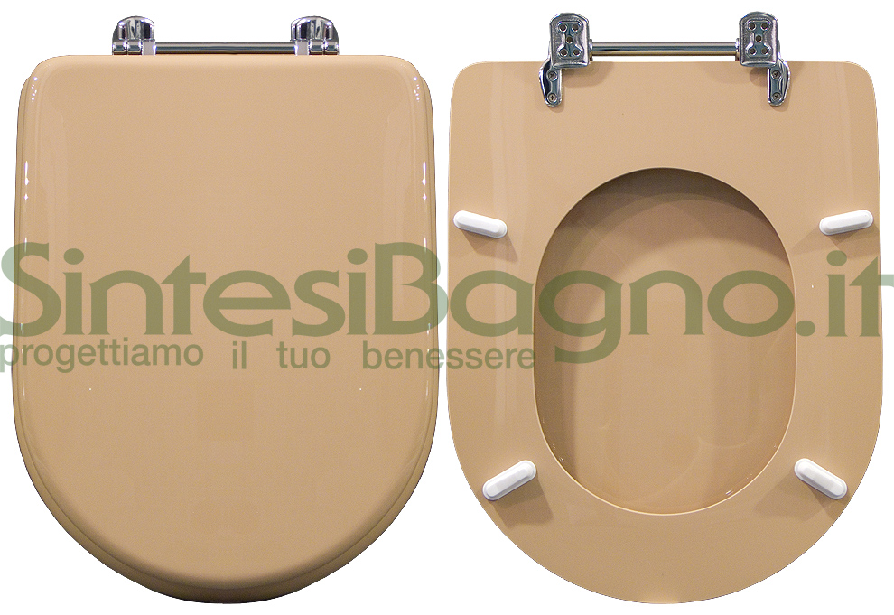 Copriwater > DEDICATO > Per vaso CESAME > Modello SINTESI > Colore DAINO > Sedile wc in legno lavorato rivestito in resina di poliestere > Cerniere ottone cromato