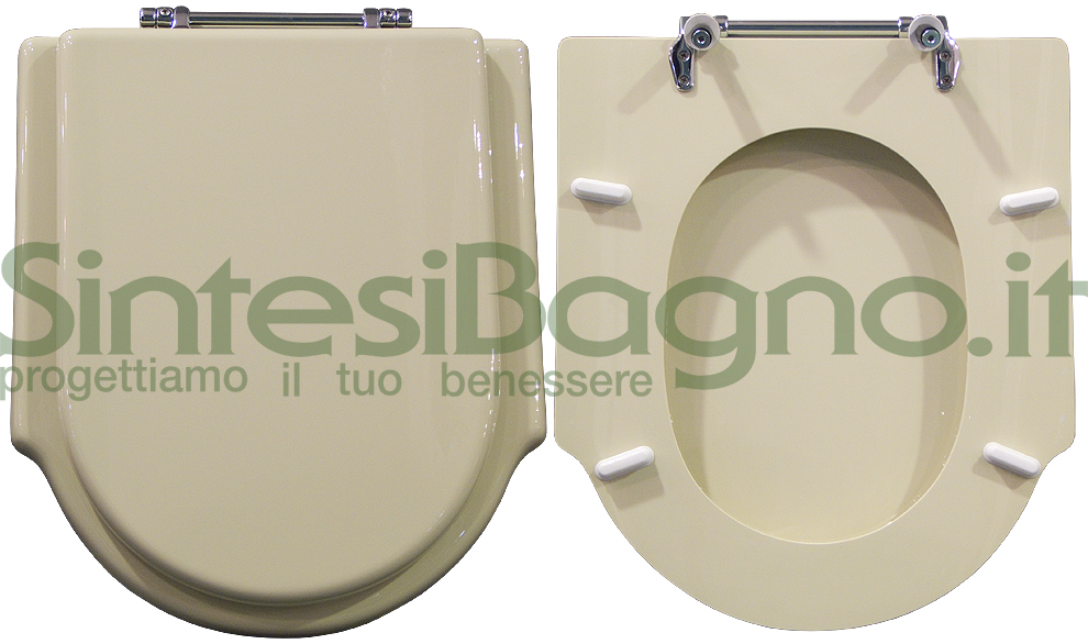 Copriwater > DEDICATO > Per vaso DOLOMITE > Modello ZAGARA > Colore CHAMPAGNE > Sedile wc in legno lavorato rivestito in resina di poliestere > Cerniere ottone cromato