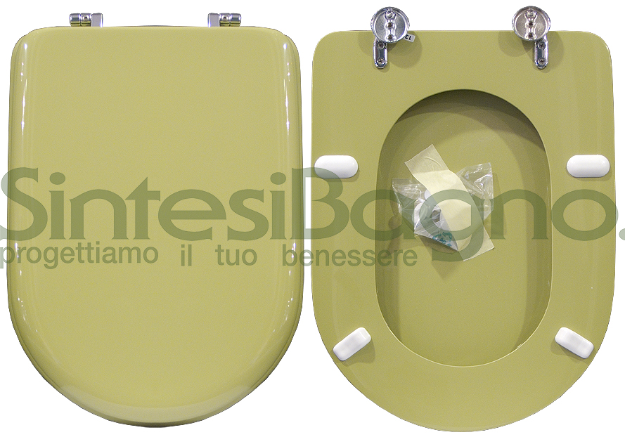 Copriwater > DEDICATO > Per vaso CESAME > Modello SINTESI > Colore VERDE FELCE > Sedile wc in legno lavorato rivestito in resina di poliestere > Cerniere ottone cromato