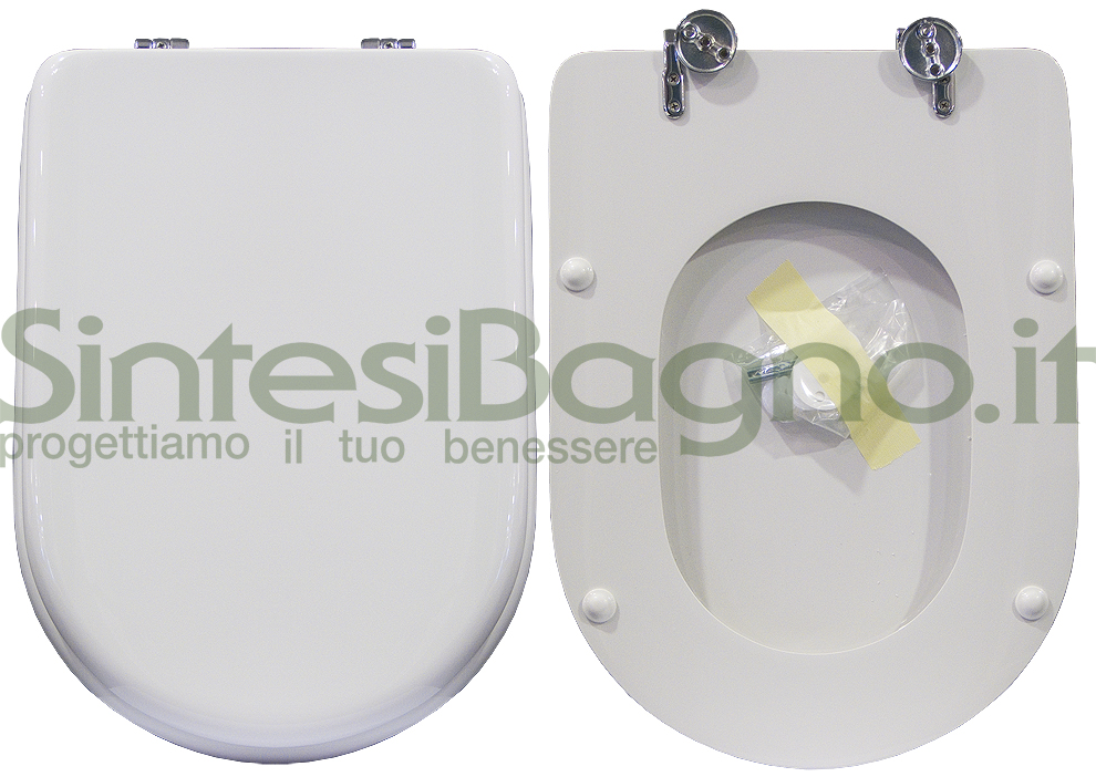 Copriwater > DEDICATO > Per vaso FLAMINIA > Modello FIDIA > Colore BIANCO > Sedile wc in legno lavorato rivestito in resina di poliestere > Cerniere ottone cromato