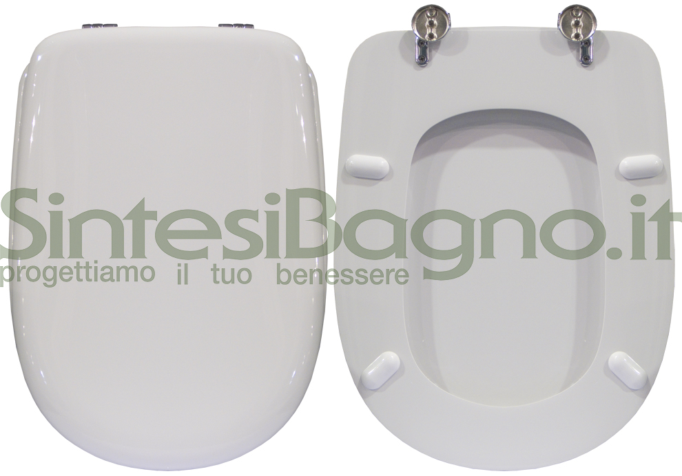 Copriwater > DEDICATO > Per vaso ASTRA > Modello GEMMA > Colore BIANCO > Sedile wc in legno lavorato rivestito in resina di poliestere > Cerniere ottone cromato