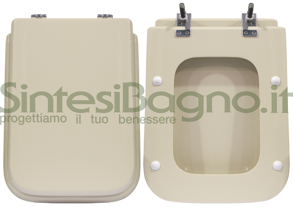 Copriwater > DEDICATO > Per vaso DOLOMITE > Modello EPOCA > Colore CHAMPAGNE > Sedile wc in legno lavorato rivestito in resina di poliestere > Cerniere ottone cromato