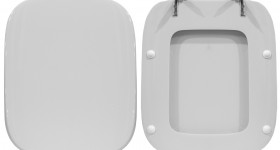 Copriwater > DEDICATO > Per vaso DOLOMITE > Modello RIO > Colore BIANCO > Sedile wc in legno lavorato rivestito in resina di poliestere > Cerniere ottone cromato