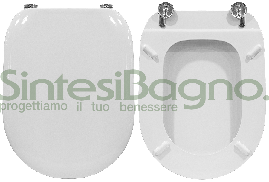 Copriwater > DEDICATO > CESAME > Modello SINTESI > Colore BIANCO > Sedile porcellanato (legno+resina). Verniciatura a multistrati > Cerniere ottone cromato